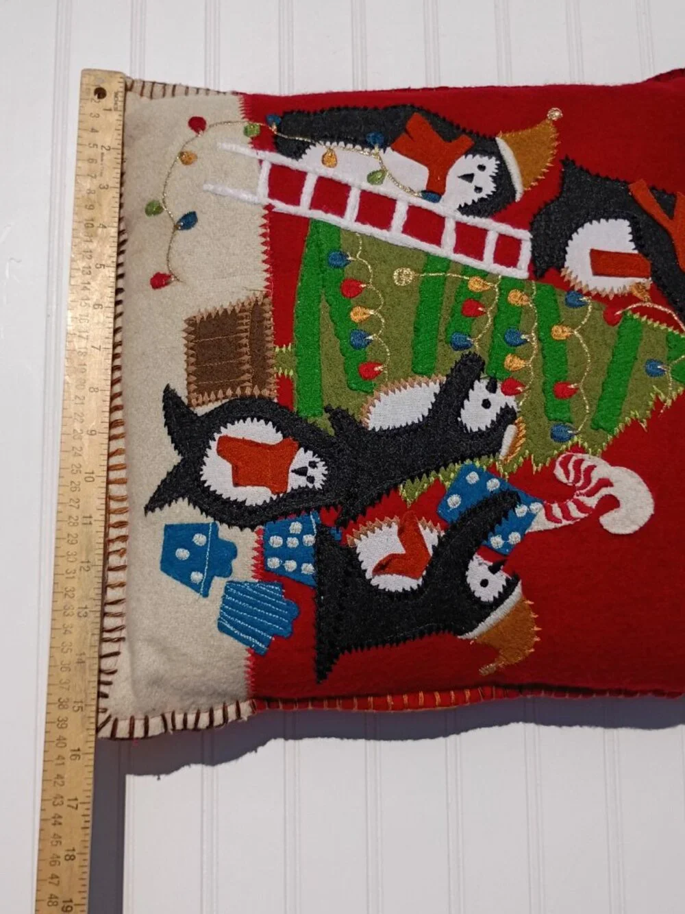 Pier 1 Christmas Penguin Throw Pillows Red Felt Applique Embroidered Tree PAIR